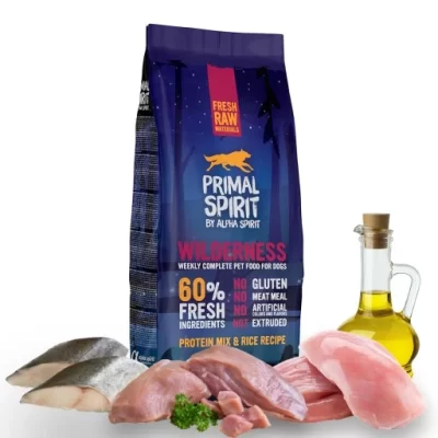 Primal Spirit Wilderness - Студено пресована, полувлажна храна за куче с 20% прясно свинско, 20% прясно пилешко и 20% прясна риба